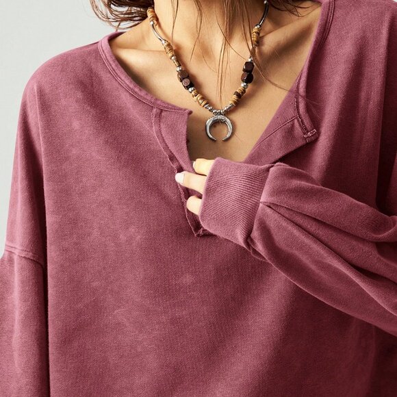 Burgundy Casual Women's V-Neck Long Sleeve Cropped Sweatshirt - Picture 8 of 9